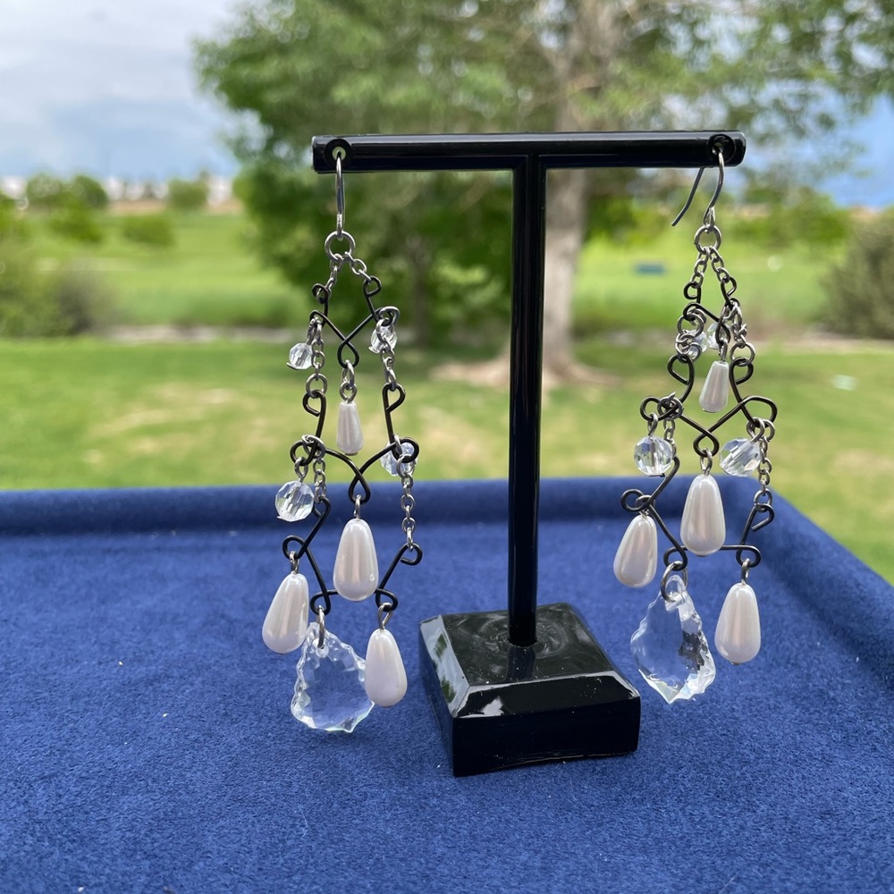 Pearl, and clear bead chandelier earrings